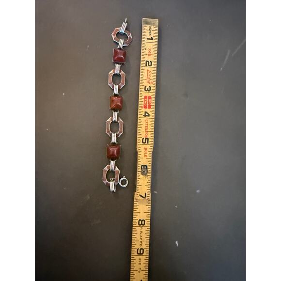 Vintage Art Deco Sterling Red Enamel Bracelet Carnelian Sard Pyramid Cabochon - Picture 11 of 11